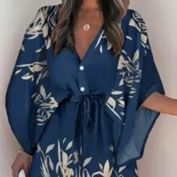 0046 SHEIN LUNE Vestido De Manga Murciélago Impreso Para Mujer Con Diseño Botánico