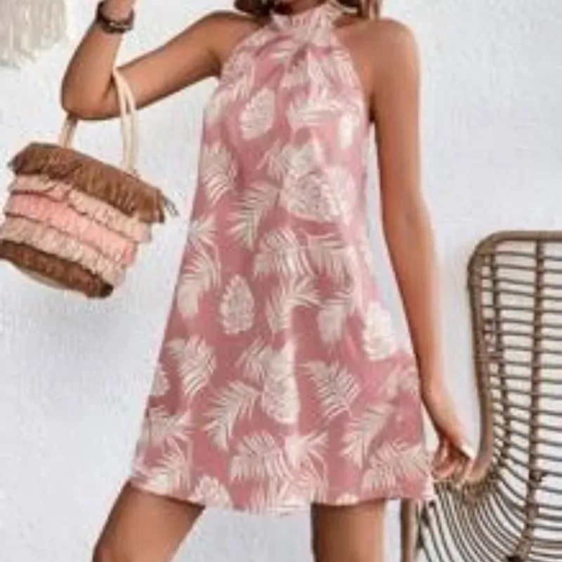 0047 SHEIN VCAY Tropical Print Halter Neck Dress