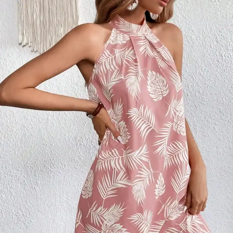 0047 SHEIN VCAY Tropical Print Halter Neck Dress