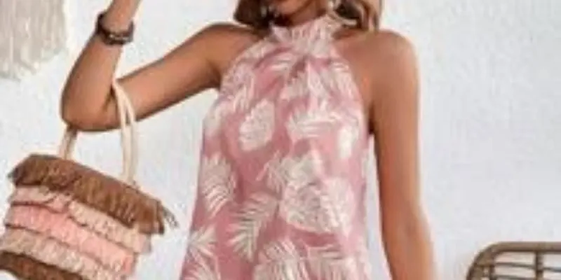 0047 SHEIN VCAY Tropical Print Halter Neck Dress
