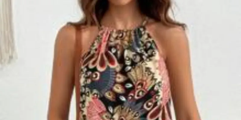 0049 SHEIN VCAY Vestido con estampado de plantas de cuello halter