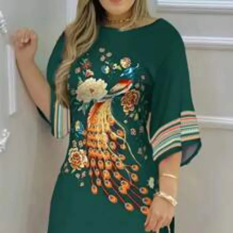 0050 EMERY ROSE Vestido de moda para mujer con estampado de pavo real