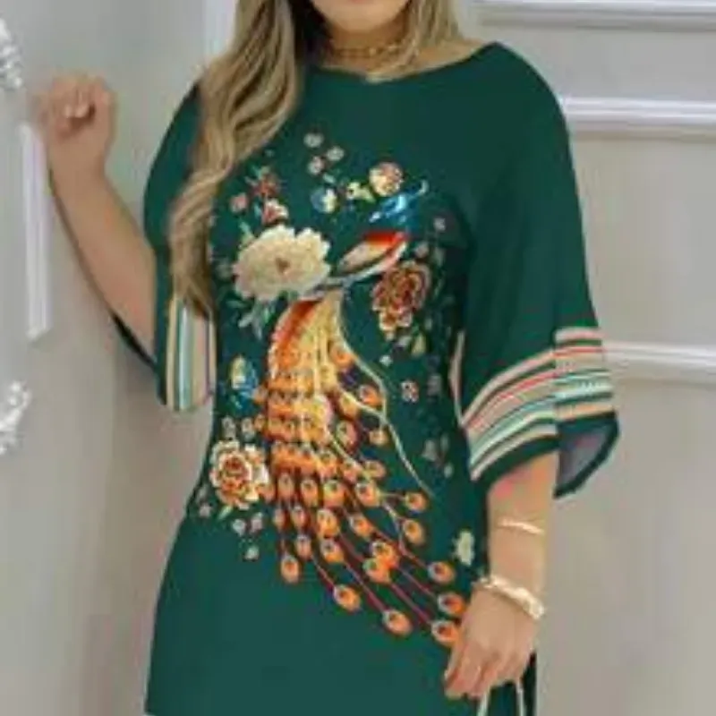 0050 EMERY ROSE Vestido de moda para mujer con estampado de pavo real
