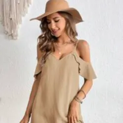 0054 SHEIN VCAY Vestido túnico de hombros descubiertos ribete con fruncido