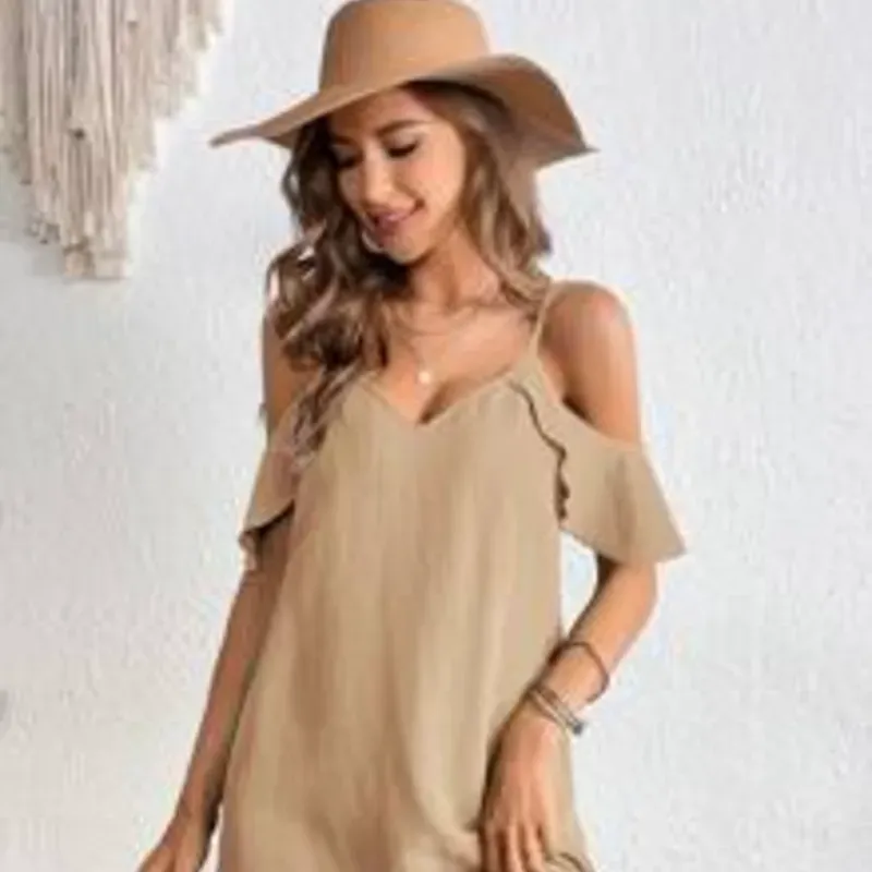 0054 SHEIN VCAY Vestido túnico de hombros descubiertos ribete con fruncido