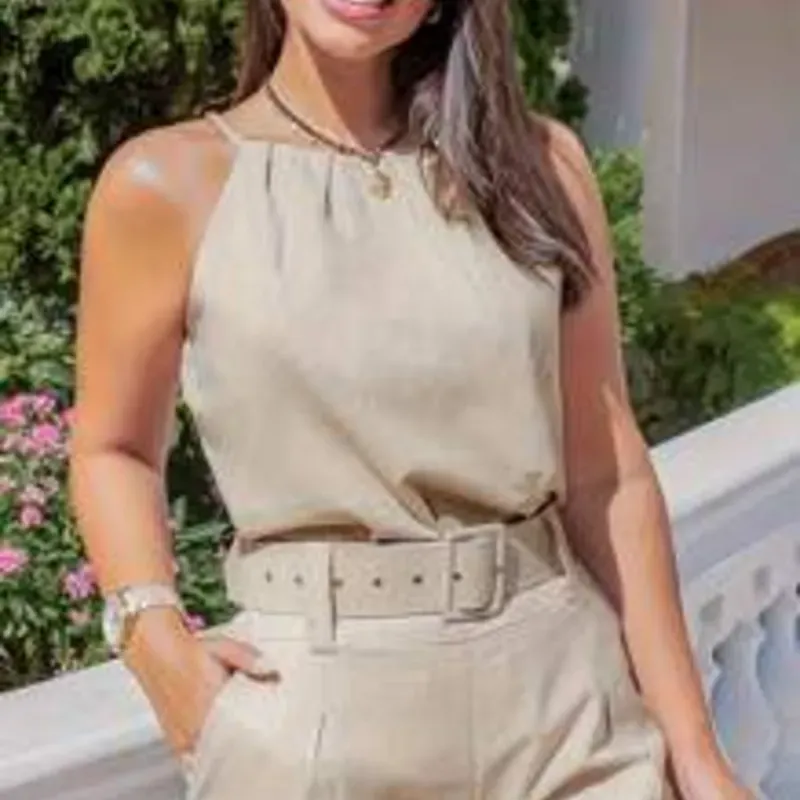 0056 SHEIN Holidaya Mono informal de verano de unicolor con cuello de escote y cinturón