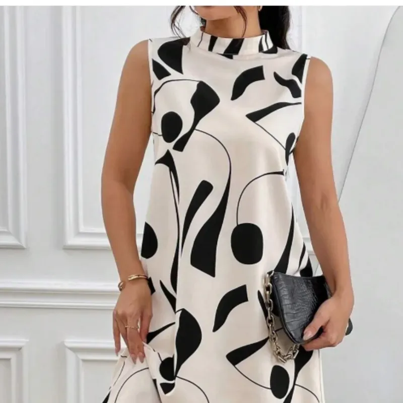 0060 SHEIN Raffinéa Vestido Sin Mangas Con Cuello Levantado Y Estampado Al Azar
