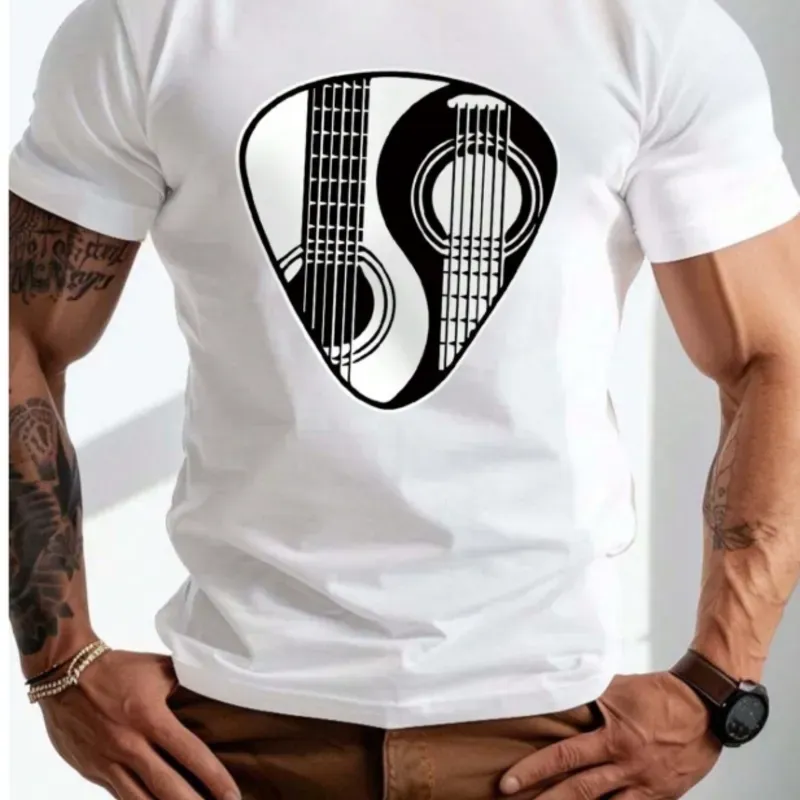 0065 Camiseta casual de manga corta y cuello redondo con estampado de guitarra de verano para hombres