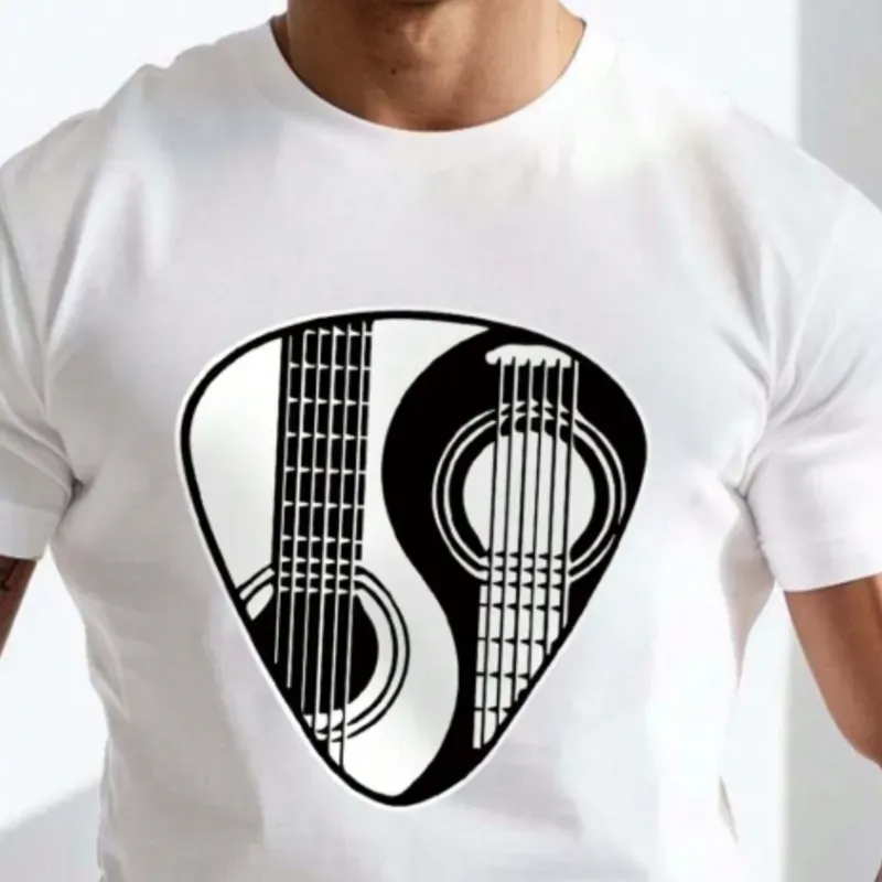 0065 Camiseta casual de manga corta y cuello redondo con estampado de guitarra de verano para hombres