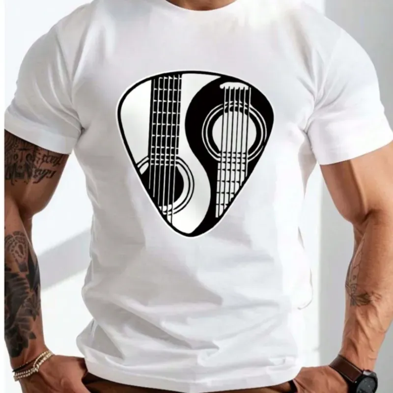 0065 Camiseta casual de manga corta y cuello redondo con estampado de guitarra de verano para hombres