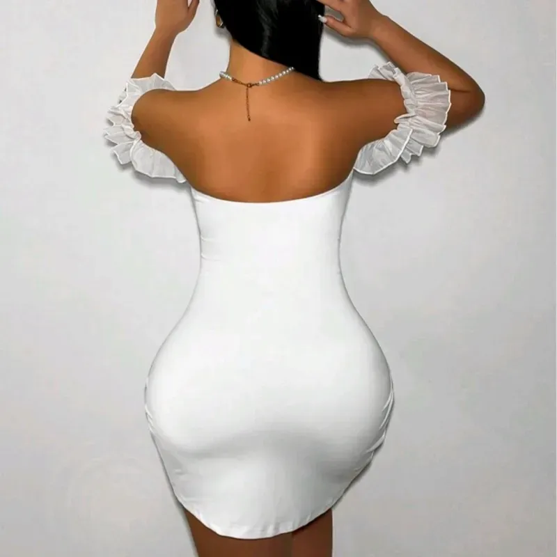 0069 SHEIN Foxxy Vestido de mujer unicolor con bajo asimétrico y hombros descubiertos, minivestido