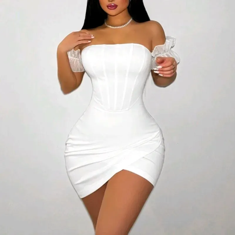 0069 SHEIN Foxxy Vestido de mujer unicolor con bajo asimétrico y hombros descubiertos, minivestido