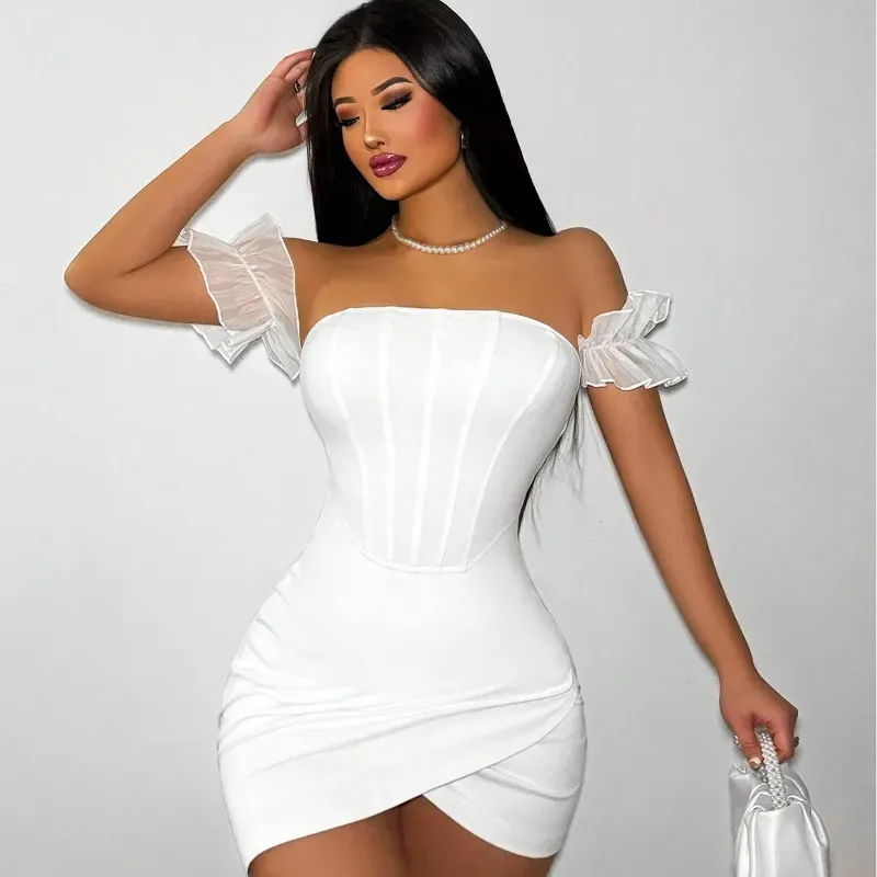0069 SHEIN Foxxy Vestido de mujer unicolor con bajo asimétrico y hombros descubiertos, minivestido