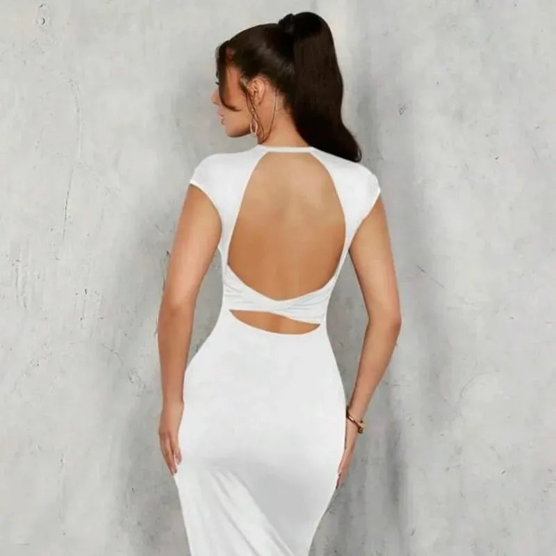 0070 SHEIN Allurite Vestido blanco elegante y sexy para mujer con espalda descubierta, vestido base de punto de cuello redondo sin mangas, elegante, con cadera ajustada y tejido elástico cómodo para el otoño, ideal para la vuelta al cole, la oficina, fiestas, el otoño, disfraces de Halloween o atuendos para cruceros