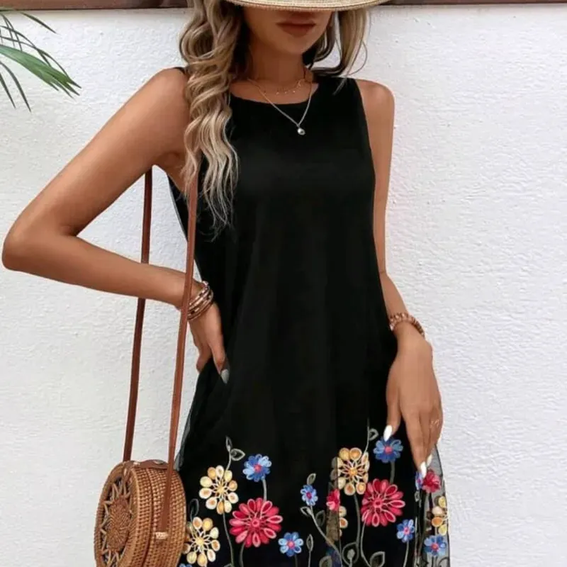 0074 SHEIN Holidaya Vestido de vacaciones informal sin mangas con empalme de malla y bordado de flores para mujer