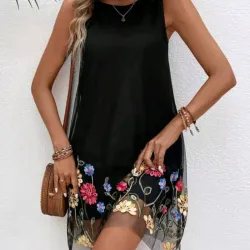 0074 SHEIN Holidaya Vestido de vacaciones informal sin mangas con empalme de malla y bordado de flores para mujer