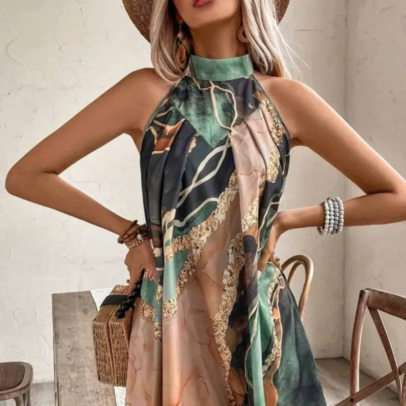 0075 SHEIN Holidaya Vestido de playa con escote de halter asimétrico con estampado, cintura anudada, sin mangas, para vacaciones