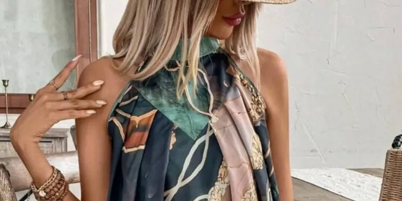 0075 SHEIN Holidaya Vestido de playa con escote de halter asimétrico con estampado, cintura anudada, sin mangas, para vacaciones