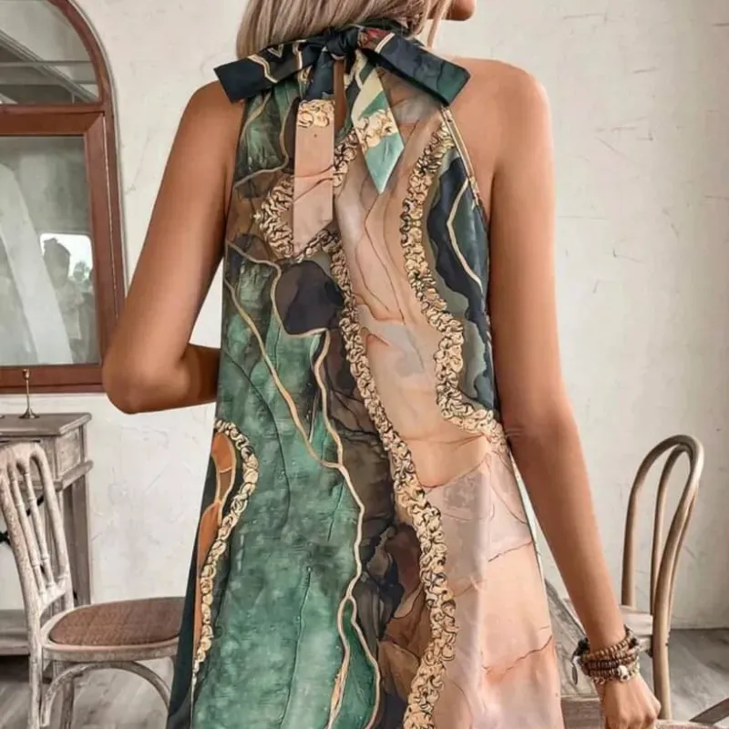 0075 SHEIN Holidaya Vestido de playa con escote de halter asimétrico con estampado, cintura anudada, sin mangas, para vacaciones