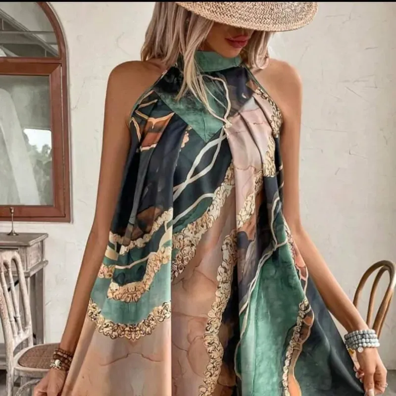 0075 SHEIN Holidaya Vestido de playa con escote de halter asimétrico con estampado, cintura anudada, sin mangas, para vacaciones