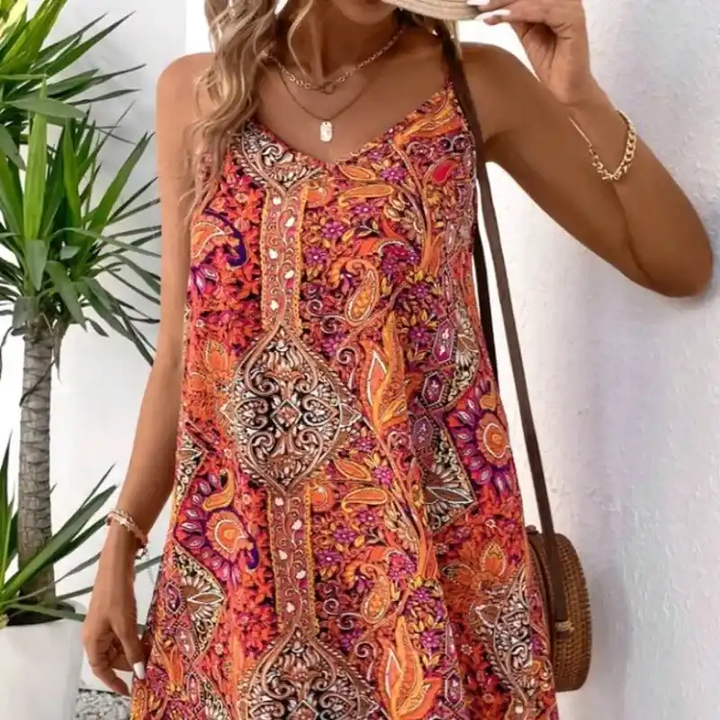  0010 Vestido estilo bohemio con estampado, tirantes espagueti, escote en V, espalda descubierta y corte en línea A para atuendos de festivales de música