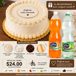 Cake para cualquier ocasión (incluye 2 pomos de refrescos) sabor puede variar.