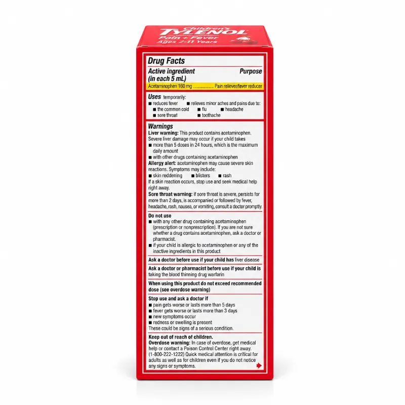 Children’s Tylenol – Acetaminofén 160 mg/5 mL – Alivio de Dolor y Fiebre – Sabor Cereza – 4 fl oz (120 mL)