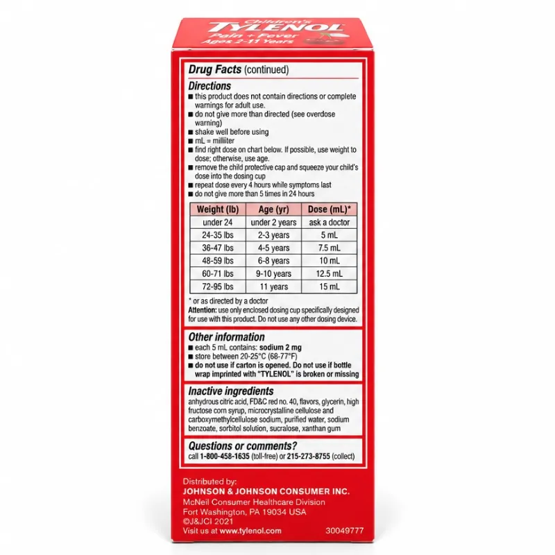Children’s Tylenol – Acetaminofén 160 mg/5 mL – Alivio de Dolor y Fiebre – Sabor Cereza – 4 fl oz (120 mL)