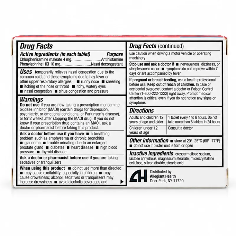 Cold & Allergy – Clorfeniramina + Fenilefrina – Antihistamínico y Descongestionante Nasal – 24 Tabletas