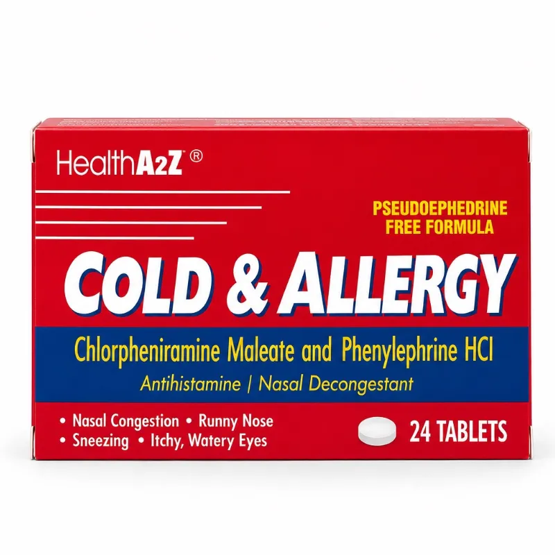 Cold & Allergy – Clorfeniramina + Fenilefrina – Antihistamínico y Descongestionante Nasal – 24 Tabletas