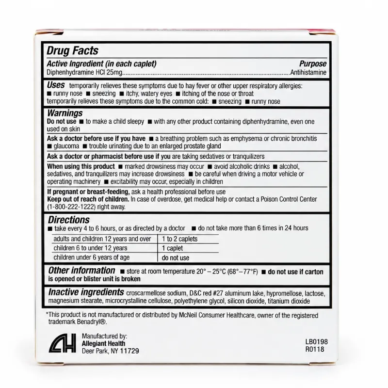 Diphenhydramine HCl 25 mg – Antihistamínico para Alivio de Alergias – 24 Capletas
