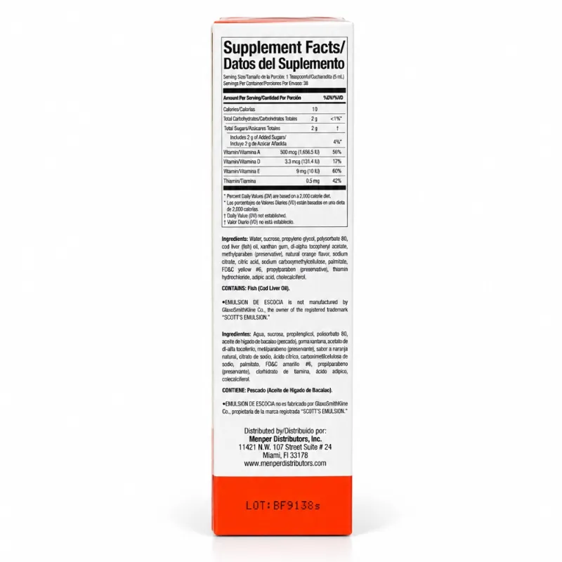 Emulsión de Escocia – Suplemento de Aceite de Hígado de Bacalao con Vitaminas A, D, E y B1 – Sabor Naranja – 6.5 fl oz (192 mL)
