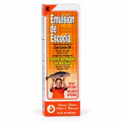 Emulsión de Escocia – Suplemento de Aceite de Hígado de Bacalao con Vitaminas A, D, E y B1 – Sabor Naranja – 6.5 fl oz (192 mL)