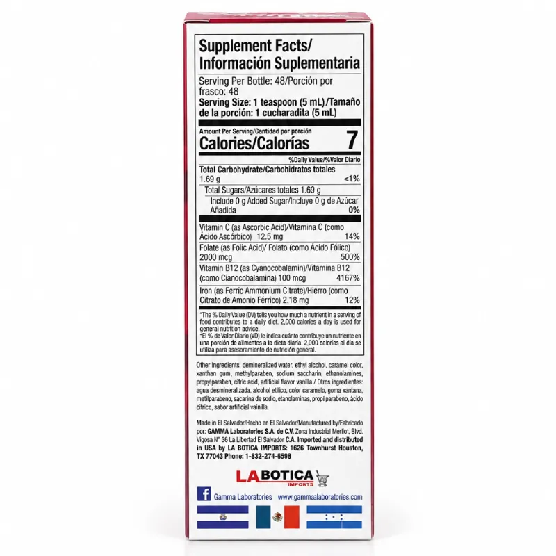 Hierro Vital Forte + B12 – Elixir Vitaminado – Suplemento Dietético de Hierro, Ácido Fólico, Vitamina C y B12 – 8.1 fl oz (240 mL)