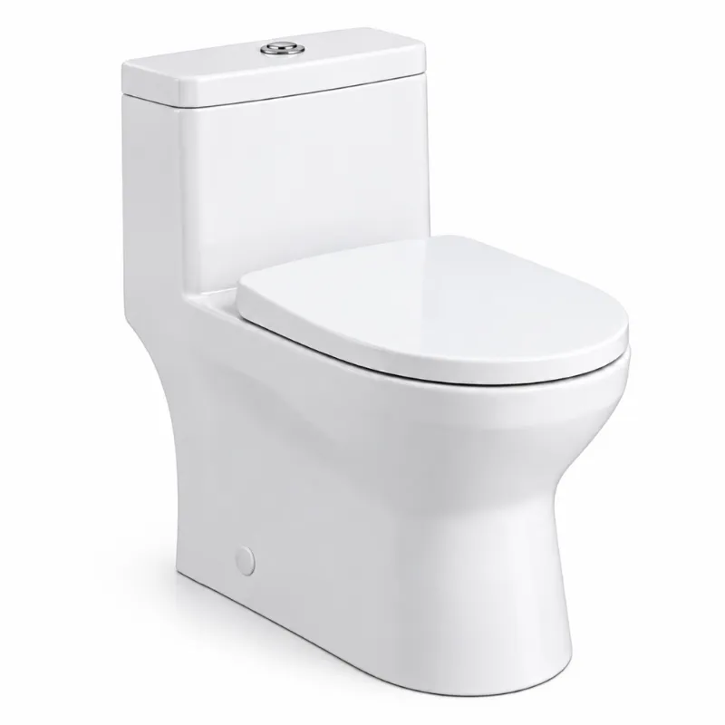 Inodoro de una pieza moderno blanco, descarga superior.