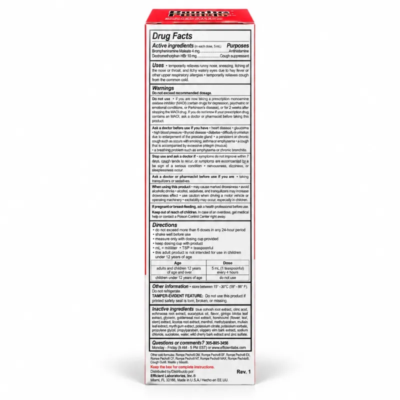 Rompe Pecho FLU Multi Síntomas – Jarabe para Tos y Alergia – Sin Azúcar y Sin Alcohol – 6 fl oz (178 ml)