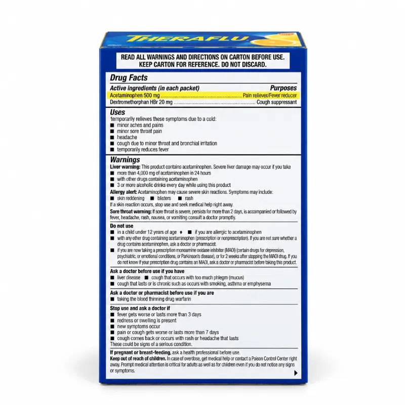 Theraflu Severe Cold Relief – Fórmula de Día – Sabor Miel y Limón – 6 Sobres