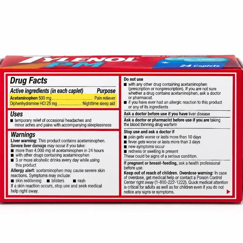 Tylenol PM Extra Strength – Alivio del Dolor + Ayuda Nocturna para Dormir – 24 Capletas