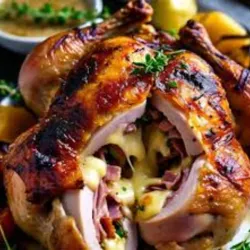 Pollo entero asado relleno de jamón y queso 