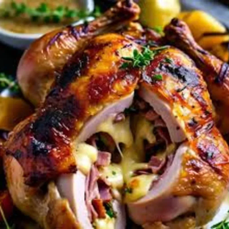 Pollo entero asado relleno de jamón y queso 