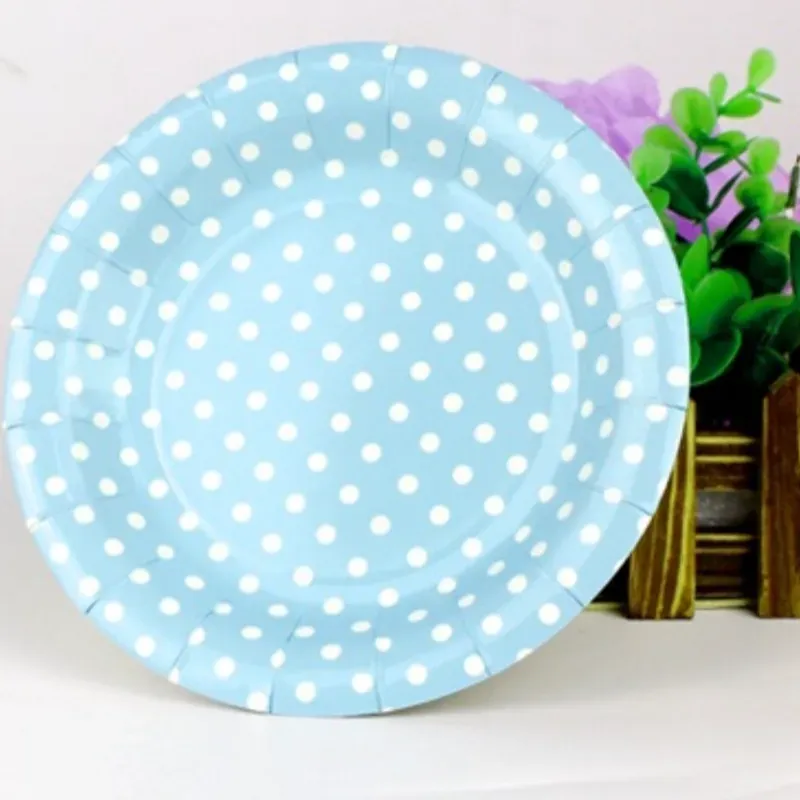 6 Platos azules con lunares blancos 
