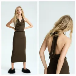 Vestido halter drapeado caqui