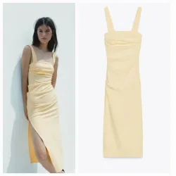 Vestido midi pliegues amarillo