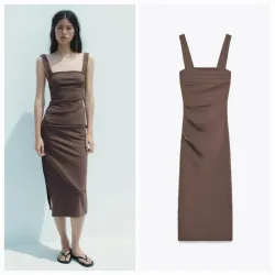 Vestido midi pliegues marron