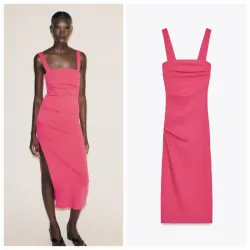 Vestido midi pliegues rosado
