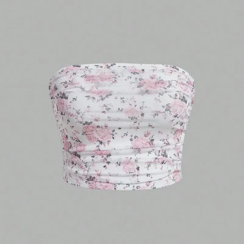 Top bandeau con estampado floral fruncido