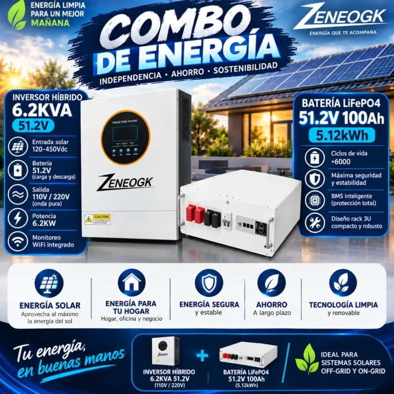 Combo de energía inversor hibrido de 6.2kW + 1 bateria