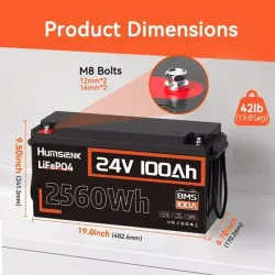 Humsienk Batería LiFePO4 24V 100Ah, 2.56kWh, 100A