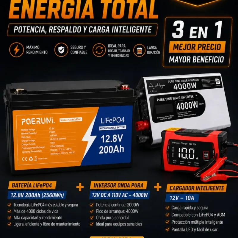 Inversor 4K + Batería 12.8V x 100Ah+ Cargador inteligente