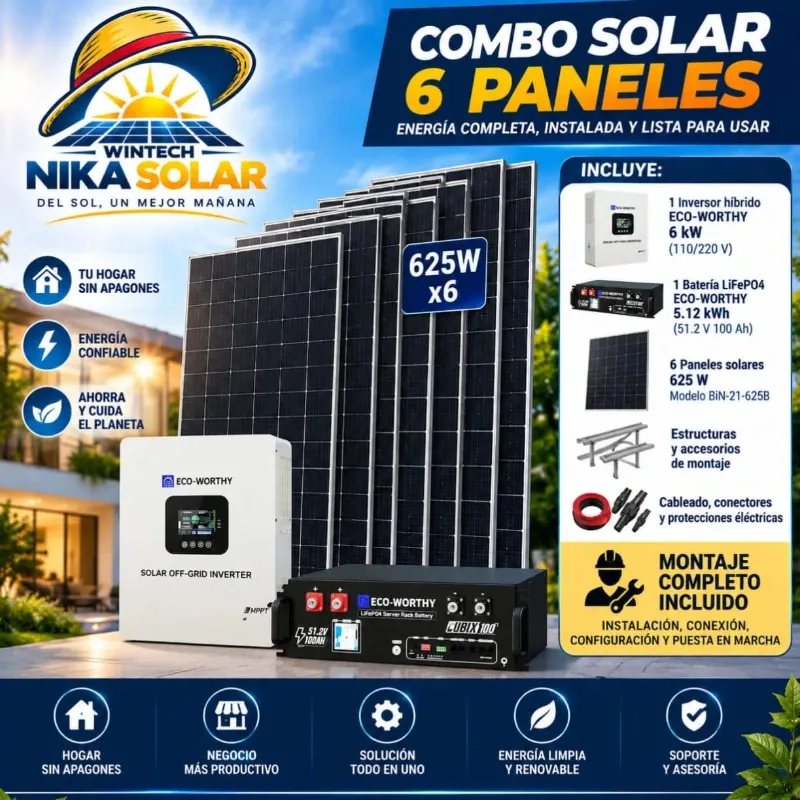 Inversor híbrido ECO-WORTHY de 6 kW + batería 5.12 kWh + 6 paneles 625 W